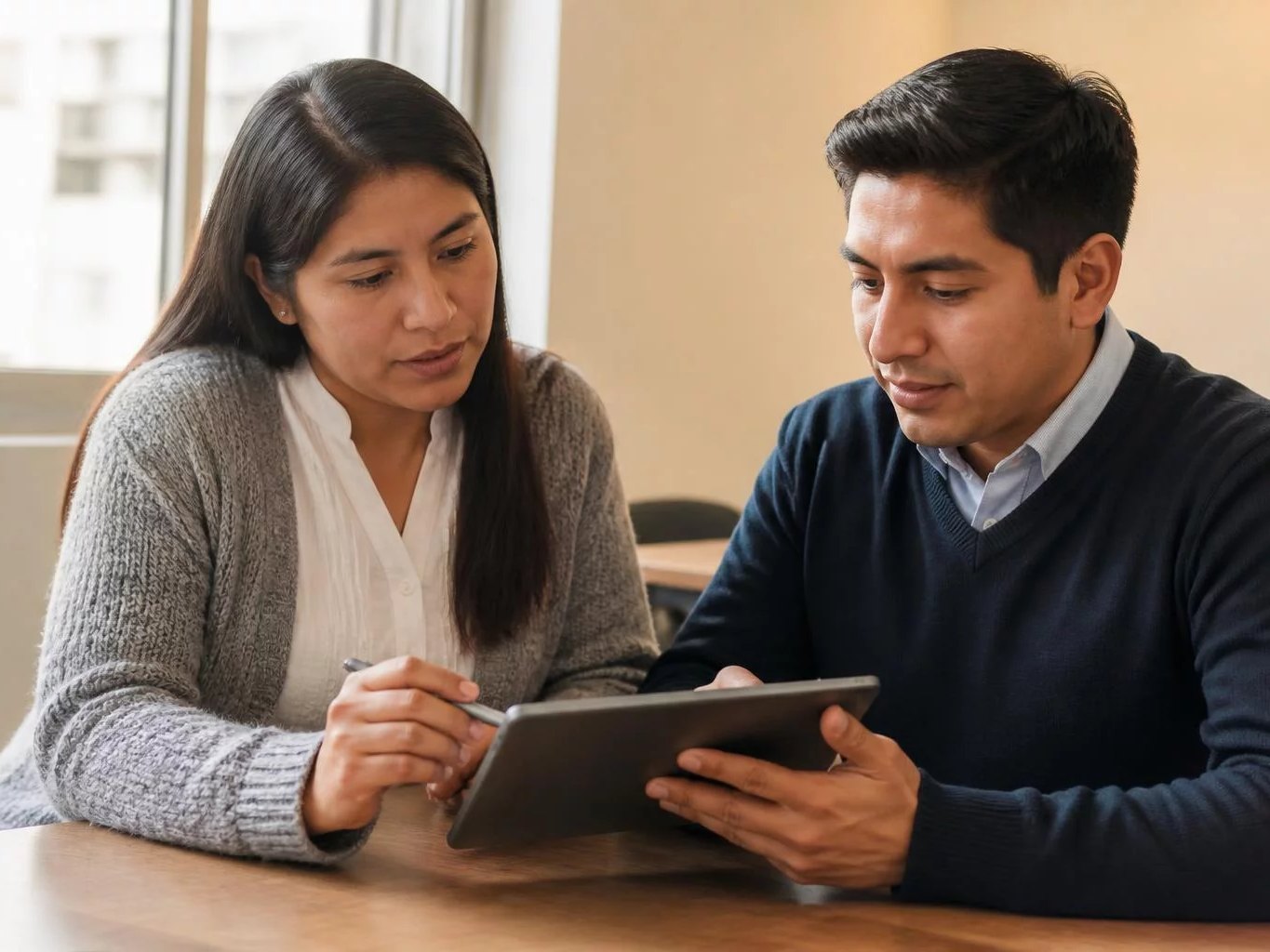 Dos personas revisando notas en una tablet sobre la mesa