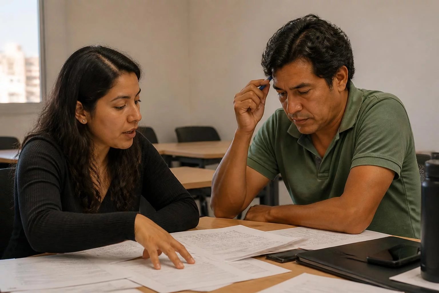 Dos participantes ante una mesa llena de hojas impresas