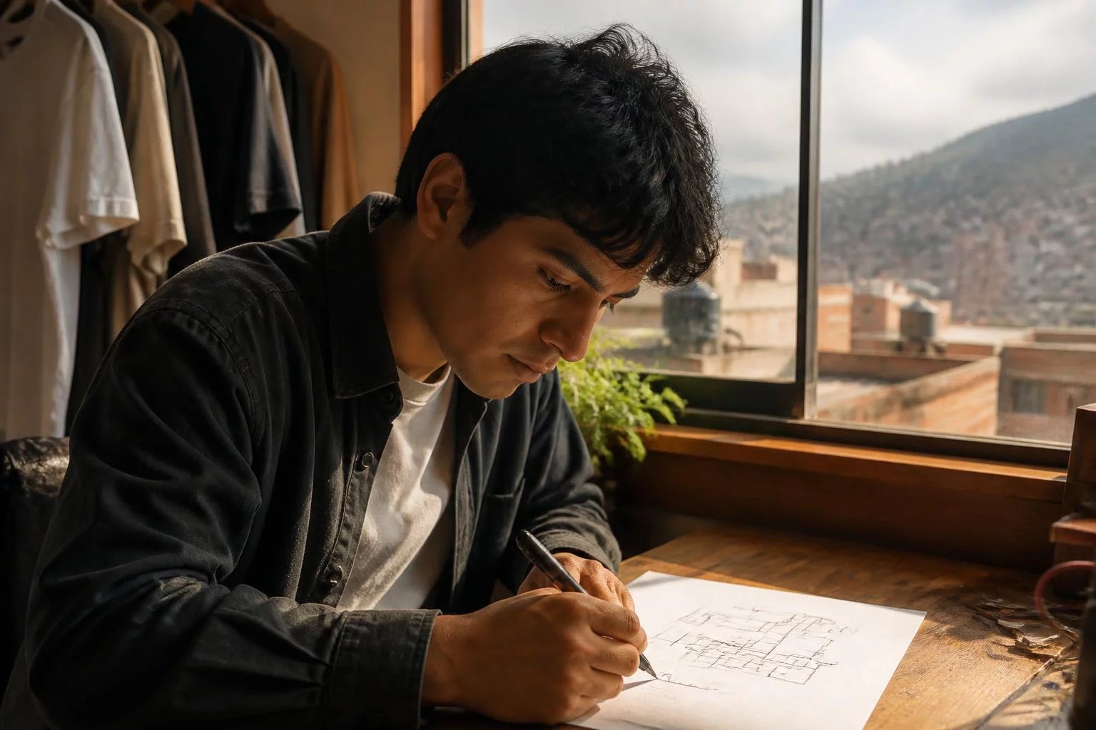 Escritorio visto desde arriba, con un esquema dibujado a mano